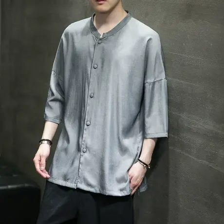 新中式唐装男款中国风男装亚麻衬衫夏季盘扣冰丝衬衣短袖上衣半袖商品大图