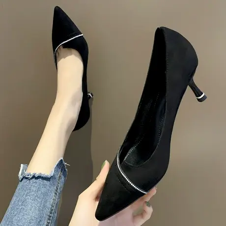 单鞋女2023春新款网红百搭尖头浅口细跟黑色职业工作鞋高跟鞋女鞋图片