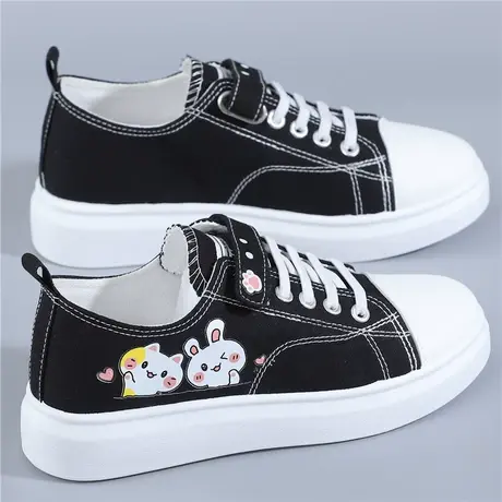 可爱魔术贴帆布鞋女2023春秋新款韩版ins潮学生百搭黑色平底板鞋商品大图