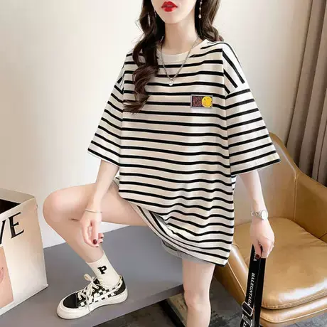 大码女装新款夏季条纹t恤女短袖宽松休闲胖mm显瘦上衣遮肚子200斤商品大图