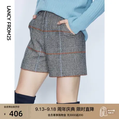 朗姿年冬季新款女复古通勤高腰细格纹子显高显瘦羊毛五分短裤商品大图