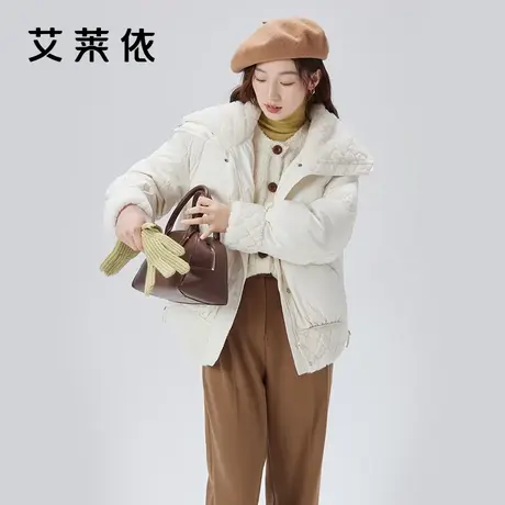 艾莱依大翻领羽绒服女2023年新款设计感拼接都市女性短款鸭绒外套商品大图