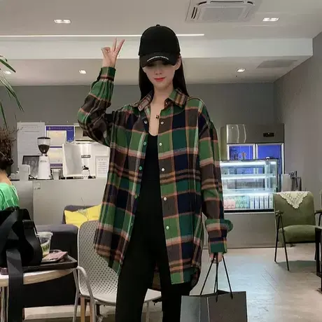 2023年秋季新款复古港味格子衬衫女长袖宽松设计感磨毛衬衣外套潮商品大图