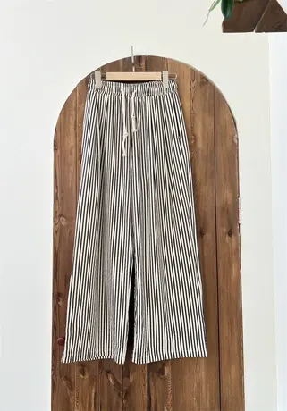 日系 百搭通勤显瘦小众条纹系带裤松紧腰慵懒风BF休闲长裤秋季款商品大图