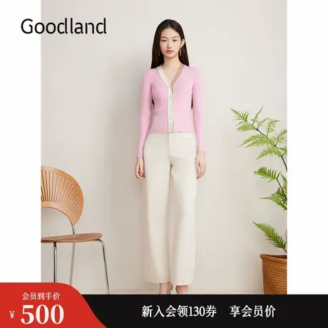【天丝系列】Goodland美地秋季撞色V领莱赛尔毛针织衫商品大图