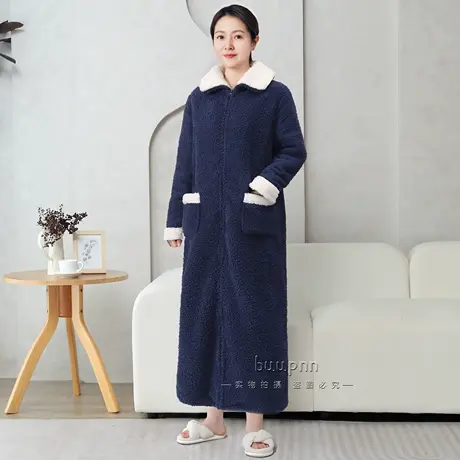 加绒翻领珊瑚绒睡袍长款到脚踝冬可外穿保暖拉链睡衣家居服法兰绒商品大图