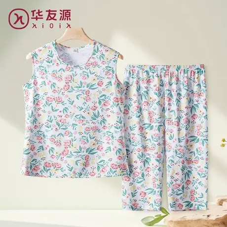 中老年纯全棉背心女妈妈宽松薄无袖加肥大码夏家居服七分睡裤套装商品大图