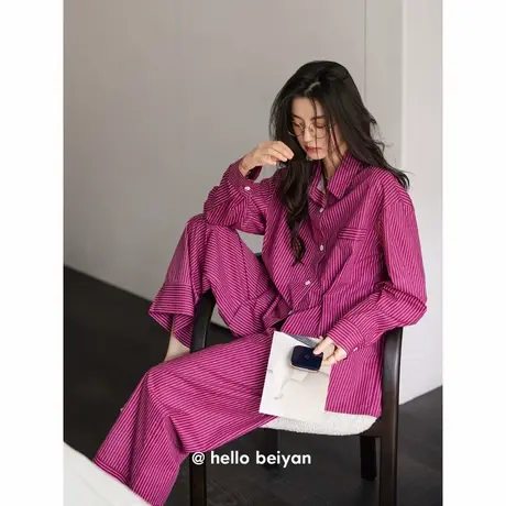 贝妍新款睡衣女春秋季柔软棉开衫家居服时尚条纹长袖长裤大码套装商品大图