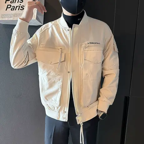 秋季棒球领工装外套潮男潮流韩版个性大口袋飞行员夹克上衣棒球服商品大图