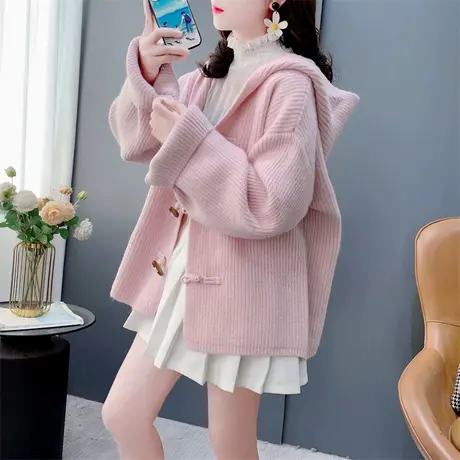小个子牛角扣连帽毛衣外套女秋冬2024新款宽松加厚百搭学院风上衣商品大图