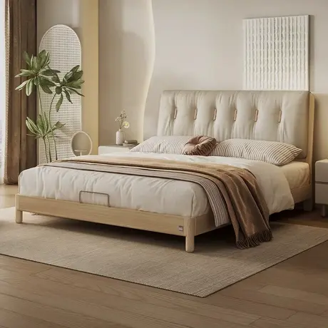 顾家家居实木白蜡木轻奢奶油风床头床架新款主卧双人舒适软靠大床商品大图