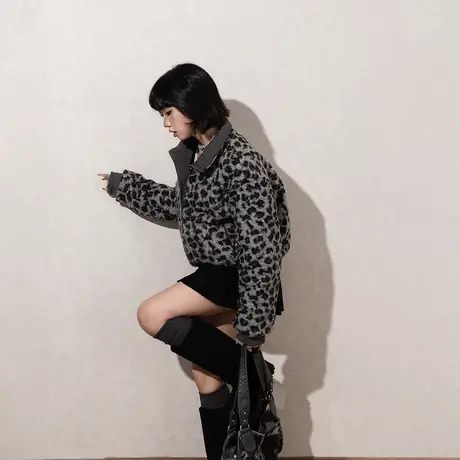复古两面穿豹纹棉服女冬季立领绗棉棉衣宽松2024新款摇粒绒厚外套图片