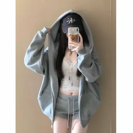 卫衣女士早秋美式连帽开衫2025新款韩系设计感慵懒风灰色拉链外套商品大图