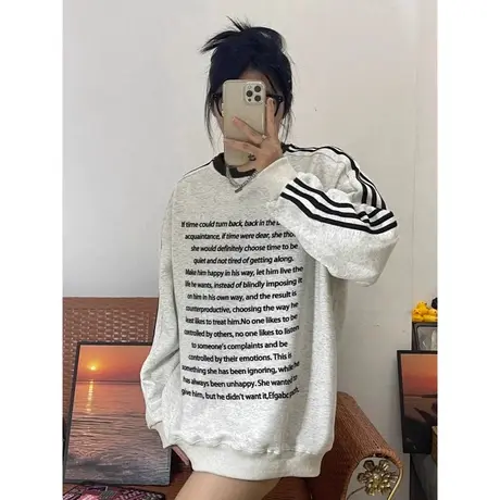 ins超火字母印花圆领无帽卫衣女春秋季百搭宽松显瘦侧边条纹上衣商品大图