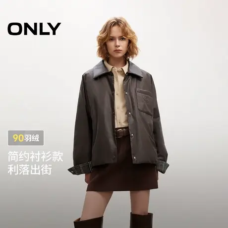 ONLY2025冬季新款宽松英伦格纹金属扣夹克衬衫款白鸭绒羽绒服女商品大图