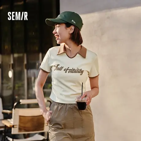 森马POLO衫女短款小心机撞色2024新款夏季美式复古字母紧身套头XY图片