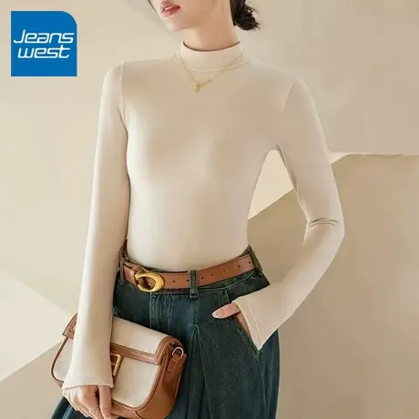 KV真维斯杏色半高领薄绒打底衫女2025新款冬季加绒内搭修身上衣服商品大图