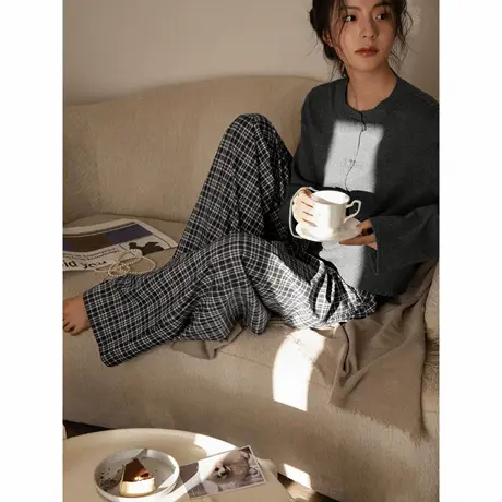 贝妍新中式睡衣女款春秋季柔软棉时尚盘扣长袖配格子裤家居服套装商品大图