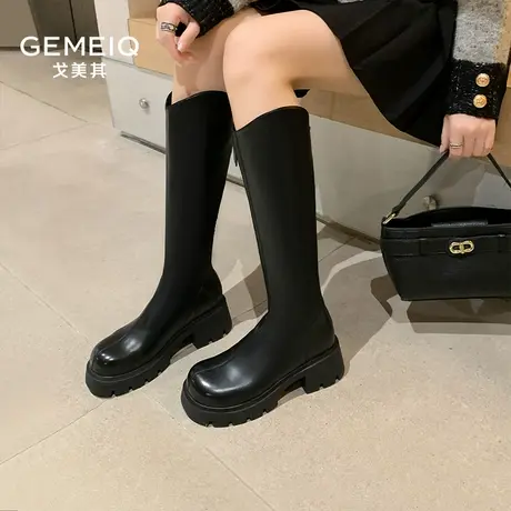 戈美其加绒增高长筒靴女2025春季新款高筒靴不过膝厚底百搭骑士靴图片