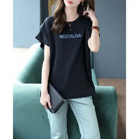 宝诗黎圆领蝙蝠短袖字母印花T恤2023夏新款棉质宽松上衣韩版女装图片