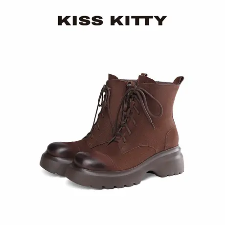 KISSKITTY25秋冬新款复古西部短靴女6.5cm增高厚底棕色绒里马丁靴商品大图