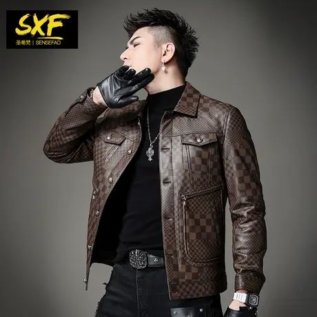 SXF圣希梵真皮皮衣男 棕色潮格子绵羊皮外套夹棉2023秋冬男士夹克商品大图