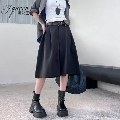 中腰宽松西装短裤女初秋季双层撞色条纹显瘦休闲下装七分阔腿裤子商品大图