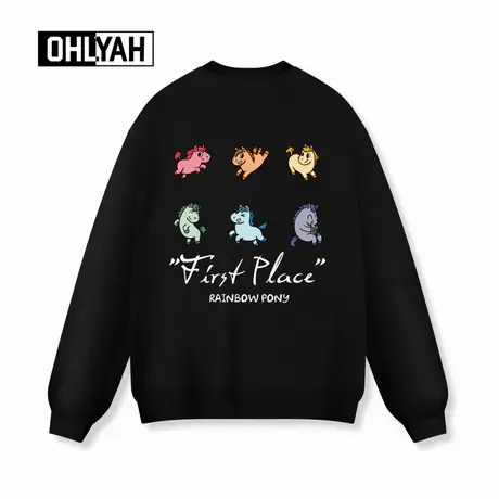 Ohlyah品牌彩色跳跃小马印花情侣卫衣男女款大码潮流落肩圆领长袖商品大图
