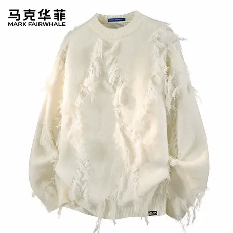 马克华菲男士破洞毛衣潮牌美式高街圆领秋季流苏宽松针织衫毛线衣图片