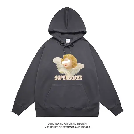 美式复古天使印花连帽卫衣男秋冬季新款宽松休闲上衣情侣装帽衫商品大图