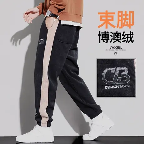 秋冬款竖条纹撞色博奥绒休闲裤子秋季男士高街束脚卫裤2023年新款商品大图