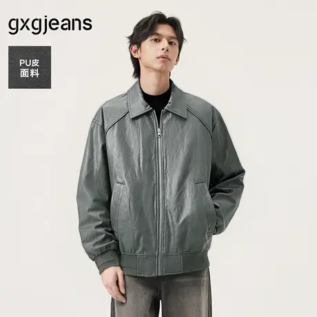 gxg.jeans男装 深绿色pu皮时尚宽松美式翻领夹克外套 25年冬新品商品大图