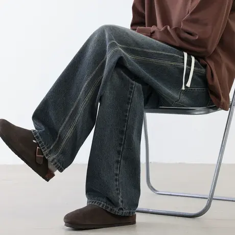 唐狮2026春季新款男牛仔长裤水洗拼接做旧美式牛仔直筒裤明线设计商品大图