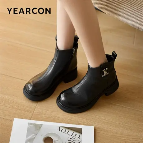 意尔康羊皮短靴女冬季加绒保暖复古气质时装靴显瘦宽脚大码靴子图片