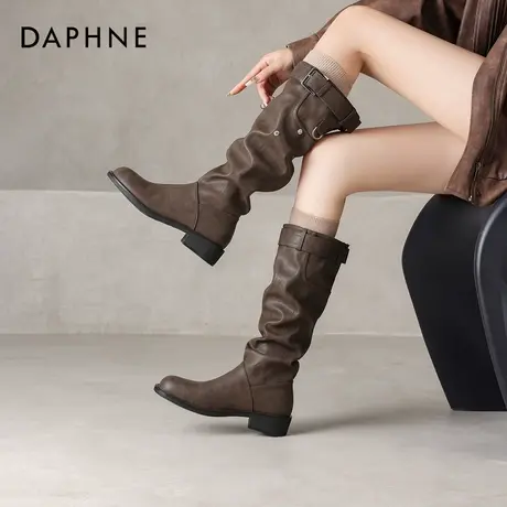 达芙妮长筒靴棕色靴子女2026新款秋冬季加绒堆堆靴黑色骑士靴长靴图片