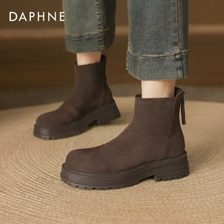 达芙妮厚底小短靴女2025新款秋冬棕色靴子女加绒瘦瘦靴绒面马丁靴商品大图