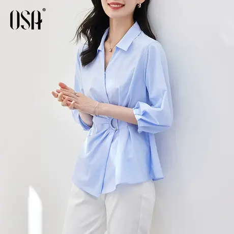 OSA欧莎蓝色薄款设计感V领衬衫女2022年秋装新款收腰泡泡袖上衣图片