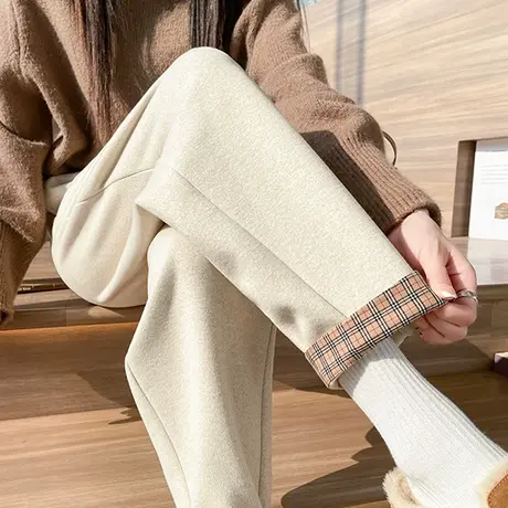 毛呢束脚哈伦裤女秋冬季加厚兔毛绒小个子高腰显瘦直筒羊绒休闲裤商品大图