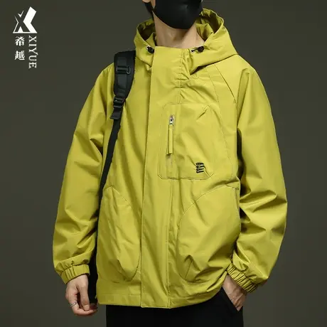 希越多口袋男士夹克秋冬款户外防水防风冲锋衣宽松大码荧光绿外套商品大图