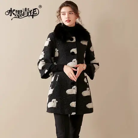 水墨青华2023冬装新品时尚百搭修身中长款保暖大衣长袖毛呢外套女商品大图