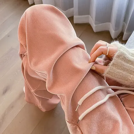 金丝绒阔腿裤女冬季新款加绒加厚高腰垂感显瘦休闲窄版直筒拖地裤商品大图