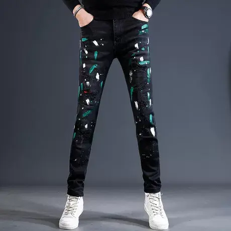 黑色破洞牛仔裤男潮破补丁泼墨修身小脚裤秋冬款个性男士裤子潮流商品大图