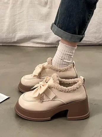 英伦风加绒小皮鞋女秋冬2023新款粗跟玛丽珍鞋子配裙子厚底乐福鞋图片