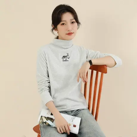 新品8.5折】高领刺绣长袖T恤女时尚修身显瘦打底衫上衣厚图片
