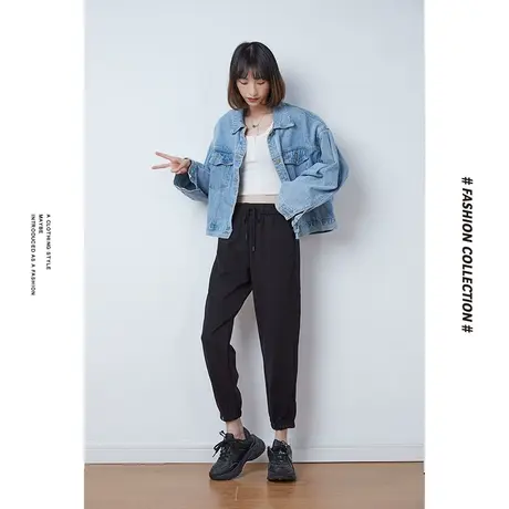 [商场同款]唐狮春秋季休闲裤女净色仿呢嵌条工装直筒运动卫裤子商品大图