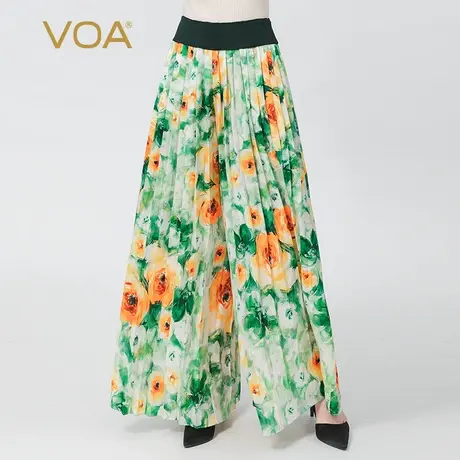 VOA真丝提花红花绿叶自然腰褶皱印花撞料拼接长款桑蚕丝阔腿裤图片
