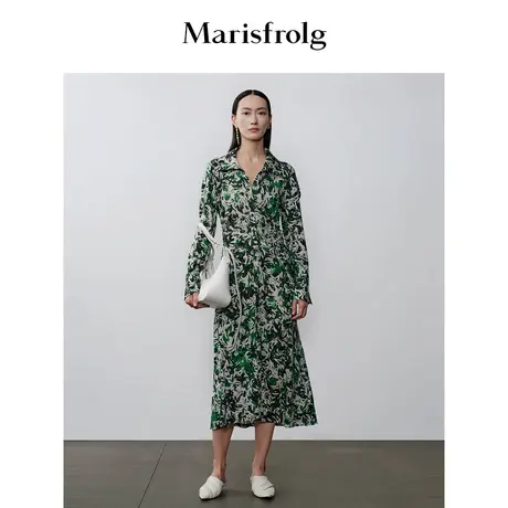 【商场同款】玛丝菲尔连衣裙冬季新款美利奴羊毛衬衫式碎花连衣裙商品大图