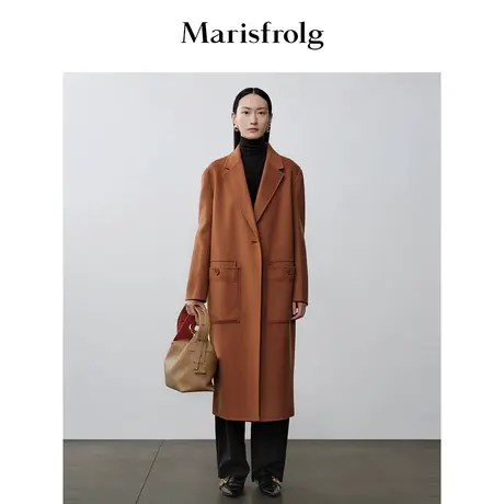 【商场同款】玛丝菲尔秋季新款酒红色一粒扣式澳洲羊毛长款大衣商品大图