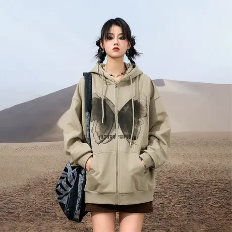 yep美式复古蝴蝶开衫卫衣外套女春秋oversize连帽炸街潮牌女款商品大图