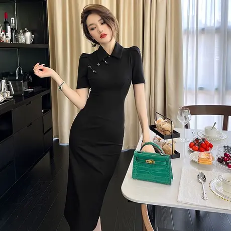 气质减龄设计感小众收腰polo领包臀连衣裙新款显瘦显白开叉一步裙商品大图